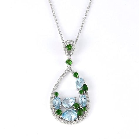 Step into a world of elegance with our teardrop shape multi-gemstone rhodium over sterling silver pendant, a piece that embodies both luxury and a rich display of colors. The pendant showcases a harmonious assembly of gemstones, featuring white topaz, a series of round and marquise chrome diopside in varying sizes, and a selection of pear and oval sky blue topaz. Heart Shaped Solitaire Ring, Oval Three Stone Ring, Round Solitaire Rings, Graduation Jewelry, Gemstone Pendant Necklace, Fashion Pendant, Sky Blue Topaz, Bridesmaid Necklace, Gemstone Necklace Pendant