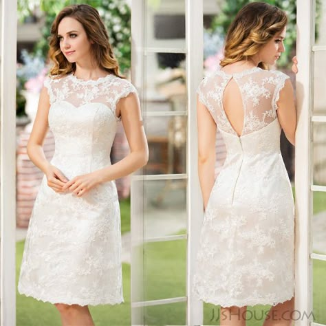 Heart captured at first sight of this knee-length satin lace wedding dress. <3 Aline Knee Length Dress, Casual Beach Wedding Dresses Short, Lace Dress Designs Fashion, Satin Lace Wedding Dress, Simple Wedding Dress Casual, Knee Length Lace Dress, Making A Wedding Dress, Knee Length Wedding Dress, Tattoo Heart