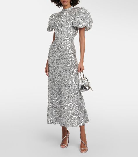 Silver Glitter Dress, Rotate Birger Christensen, Puff Sleeve Midi Dress, Spring Knits, Birger Christensen, Dress Silver, Puff Sleeve Dress, Embellished Sandals, Roger Vivier