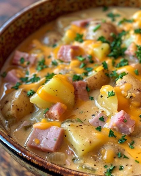 What a hearty delight! Not gonna lie, could eat this daily! Ham Stew, Souper Sunday, Ham And Potatoes, Slow Cooker Kitchen, Ham Dinner, Ham And Potato Soup, Cheesy Ham, 2024 Recipes, Homemade Soup Recipe