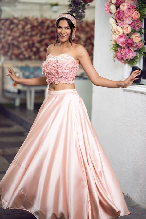 Pink Satin Gown, Baby Pink Satin, Satin Lehenga, Sharara Designs, Indian Bridesmaids, Shadi Dresses, Indian Bride And Groom, Wear Crop Top, Wedding Gowns Lace