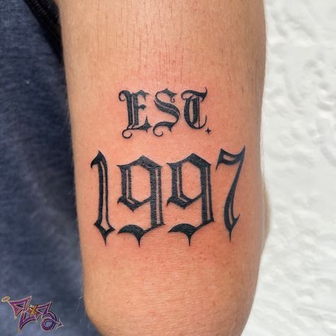 Birth Year tattoo done by Zoe Litz at Zx3 Ink Located at Zx3 Artistry in Cocoa Beach, Florida Est 1997 Tattoo, 1997 Tattoo, Birth Year Tattoo, Clock Tattoo Sleeve, Year Tattoo, Date Tattoos, Cocoa Beach Florida, Clock Tattoo, Cocoa Beach