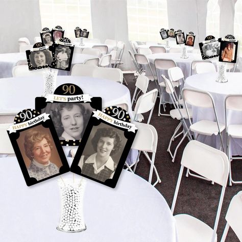 Picture Centerpiece Ideas Birthday, Birthday Party Table Centerpieces, Picture Centerpieces, Photo Centerpieces, Paper Picture Frames, 100 Birthday, 95th Birthday, Big 30, 90th Birthday Parties