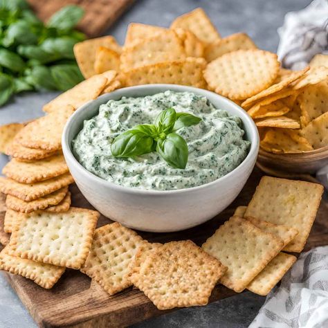 Delicious Basil Dip Basil Feta Dip, Basil Dipping Sauce, Fresh Basil Appetizers, Creamy Pesto Dip, Easy Basil Recipes, Basil Dip Recipes, Veg Dips For Parties, Appetizers With Basil, Basil Appetizer Recipes