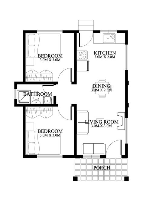 Small House Design Floor Plan, Two Bedroom House Design, 2 Bedroom House Design, Small House Design Philippines, Simple Floor Plans, Small Floor Plans, Bungalow Floor Plans, Small House Layout, Two Bedroom House