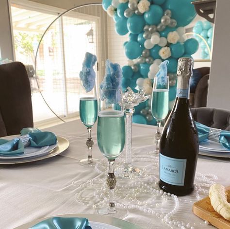 Blue Cotton Candy Champagne, Blue Cotton Candy Drink, Blue Bridal Brunch, Blue Themed Brunch, Blue Hens Party, Light Blue Bridal Shower Ideas, Cotton Candy Mimosa, Light Blue Bachelorette Party, Blue Fruit Punch