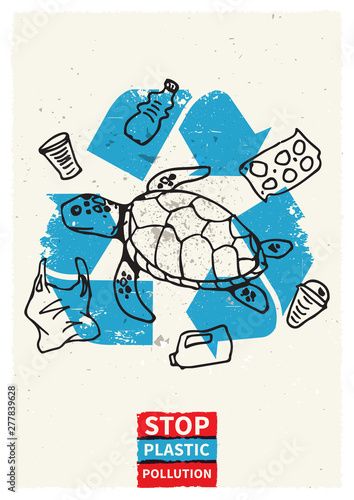 Stock Image: Stop ocean plastic pollution vector illustration with turtle and plastic garbage. Marine wildlife graphic design. Plastic polluted ocean problem creative concept. Eco problem banner with recycle sign. Garbage Poster, Polluted Ocean, Pollution Poster, Green Campaign, Sea Turtle Drawing, Ocean Plastic Pollution, Recycle Sign, Recycle Sculpture, Marine Wildlife