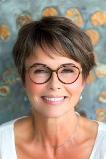 32 Stylish Short Hairstyles For Women Over 60 With Glasses - The Hairstyle Edit Short Hair Pics Ideas, How To Style Short Hairstyles, Layered Bob Short Fine Hair Over 50, Pixie Hairstyles With Glasses, Short Stacked Hair With Bangs, Short Hair Round Face Glasses, Layered Pixie Bob With Bangs, Over 60 Short Hairstyles For Women, Short Bob With Glasses