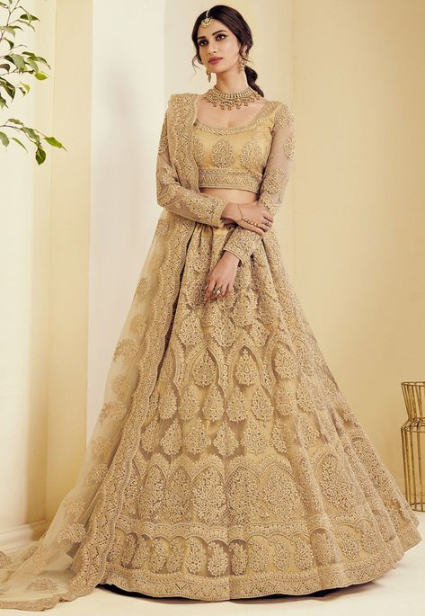 Golden Lehenga, Net Lehenga Choli, Lehenga Choli Designs, Indian Bridesmaids, Indian Lehenga Choli, Choli Blouse, Net Blouses, Lehenga Style, Net Lehenga