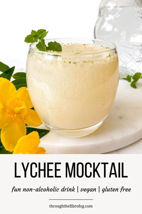 lychee mocktail in a glass next to yellow flowers with a jug in the background. Lychee Mocktail, Mint Mocktail, Low Histamine Foods, Fibro Fog, Low Histamine Diet, Summer Drinks Alcohol, Not Drinking Enough Water, Drinking Enough Water, Alcohol Free Drinks