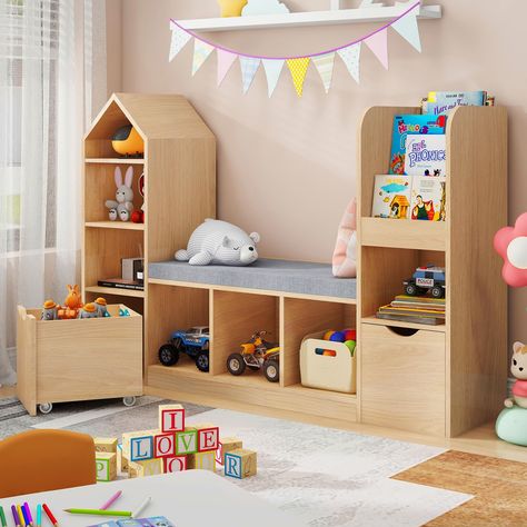 Kids Room Toy And Book Storage, Nursery Bookshelf And Toy Storage, Nursery Room Bookshelf Ideas, Small Playroom Storage, Kids Shelving Ideas, Toddler Montessori Bedroom, Playroom Bookshelves, Living Room Toy Storage Ideas, Toy Storage For Living Room