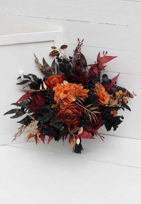 Burgundy Black Gold Rust Flowers Fall Bridal Bouquet Faux Bouquet Fall Wedding Halloween Wedding Silk Flowers Boho Wedding - Etsy UK Fall Theme Wedding Bouquet, Autumnal Gothic Wedding, Fall Themed Wedding Bouquets, Black Red Bouquet, Black And Orange Wedding Bouquets, Moody Fall Flowers, Goth Fall Wedding, Moody Bridesmaid Bouquet, Orange And Black Wedding Theme