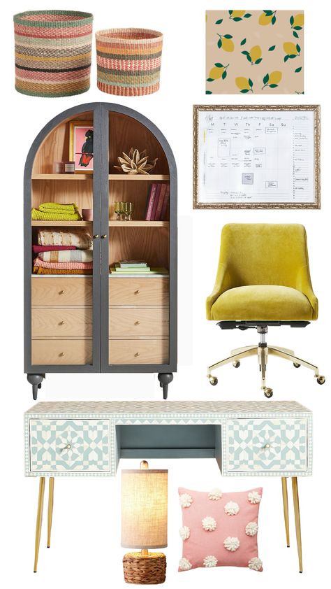 Friday Favorites- Home Office Ideas, Diffuser Display and more! - Nesting With Grace Small Bright Office, Dreamy Office Aesthetic, Wfh Office Aesthetic, Anthro Inspired Office, Neutral Feminine Office, Apartment Office Inspiration, Colorful Eclectic Office, Anthropologie Office Decor, Happy Home Office