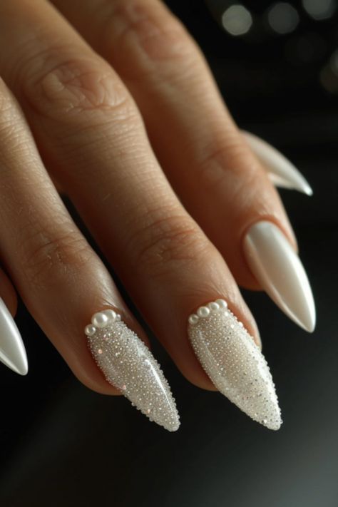 Nail Designs For Indian Wedding, White Bride Nails Wedding, White Dress Nails, Pearl Accent Nails, Bridal Nails With Pearls, Pearl Colored Nails, Pearl Gem Nails, Wedding Nails Stiletto, Bride Nail Designs