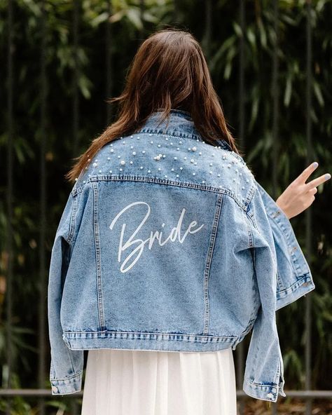 Bride Jean Jacket, Style Examples, Custom Jean, Custom Jean Jacket, Bride Jacket, Diy Denim Jacket, Custom Denim Jacket, Show Jackets, Bridal Shower Diy