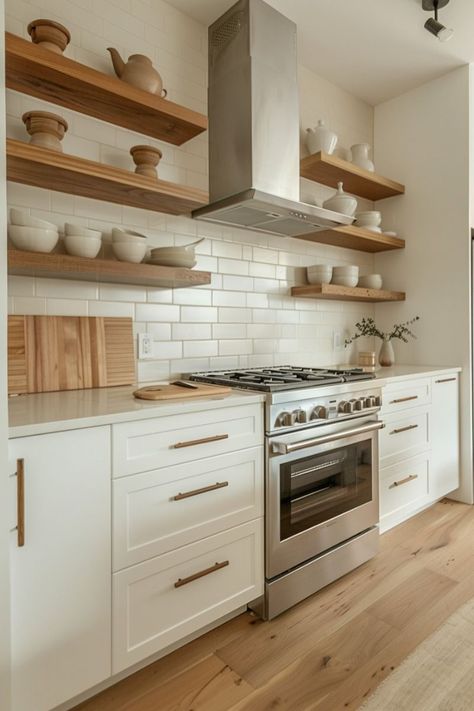 kitchen design ideas,kitchen cabinet design,modern kitchen design ideas,kitchen decor White Kitchen With Natural Wood Accents, Kitchen Cabinet Design Modern, Modern Scandi Kitchen, 2024 Kitchen Trends, Kitchen Trends 2024, White Kitchen Interior Design, Kitchen Scandinavian Style, Kitchen With Open Shelving, Kitchen Renos