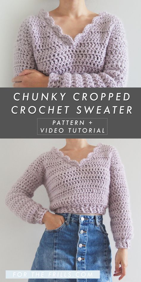 Chunky Cropped Crochet Sweater Pattern + Video Tutorial - for the frills Cropped Crochet Sweater, Modern Haken, Waisted Skirts, Crochet Sweater Pattern, Haine Diy, شال كروشيه, Crochet Sweater Pattern Free, Pull Crochet, Modern Crochet Patterns