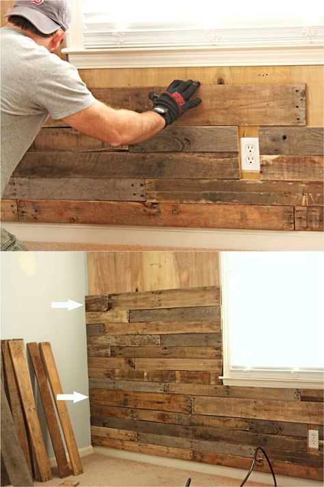 Pallet Wood Home Decor, Wood Accent Wall With Pictures, Pallet Bedroom Wall, Reclaim Wood Wall, Rustic Interior Wall Ideas, Pallet Walls Diy, Natural Wood Accent Wall Bedroom, Wood Pieces On Wall, Wood Covered Walls