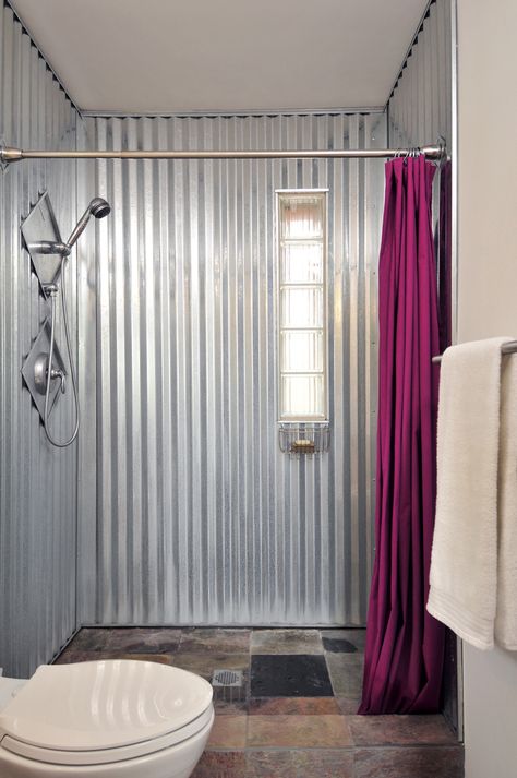 Image 7 of 11 from gallery of Rothstein-Meckler House / Praxis Architects Inc. Photograph by Laurie Allegretti Galvanized Shower, Baie Vintage, Mobile Home Living, Casa Country, Industrial Bathroom, Rustic Bathrooms, Basement Bathroom, Metal Building Homes, Bathroom Redo