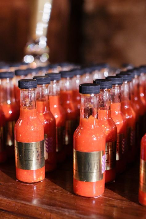 hot sauce wedding favors Hot Sauce Wedding Favors, Greek Pastries, Bottle Opener Favors, Homemade Wedding Favors, Honey Wedding Favors, Creative Wedding Favors, Inexpensive Wedding Favors, Wedding Favors And Gifts, Edible Wedding Favors