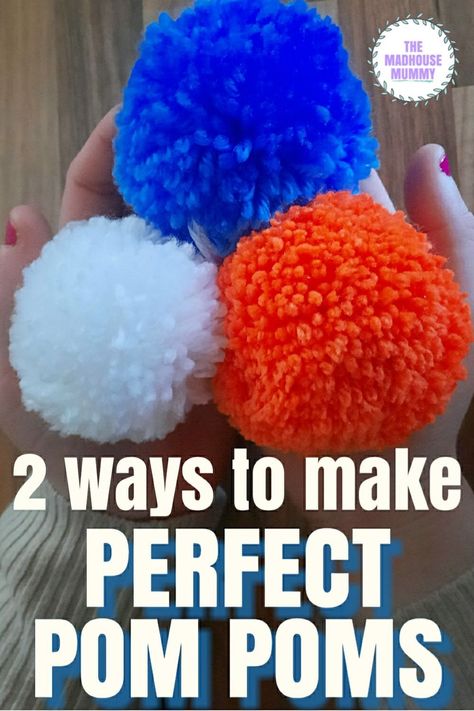 Our favourite Two methods for how to make pom poms. Includes a guide on how to use a pom pom makers and how to make a pom pom for free. Diy pom pom craft. Making Pom Poms With Cardboard, How To Make Pop Poms With Yarn, How To Make Pom Poms, How To Make Pom Poms With Yarn, Diy Pompoms, Make Pom Poms, Clover Pom Pom Maker, Pom Crafts, Pom Pon