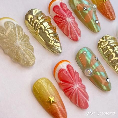 Orange Slice Nails, Grapefruit Nails, Fur Nails, Lemon Nails, Summery Nails, Really Cute Nails, Press Ons, Nail Jewelry, Fire Nails