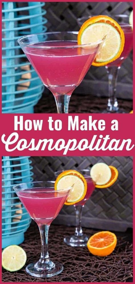 How to Make a Cosmopolitan Cocktail Drink - The Kitchen Magpie Easy Cosmopolitan Recipe, Cosmos Drink, Cosmopolitan Drink Recipe, Cosmo Drink, Popular Mixed Drinks, Popular Alcoholic Drinks, Cosmopolitan Cocktail Recipes, Fun Beverages, Cosmopolitan Cocktails