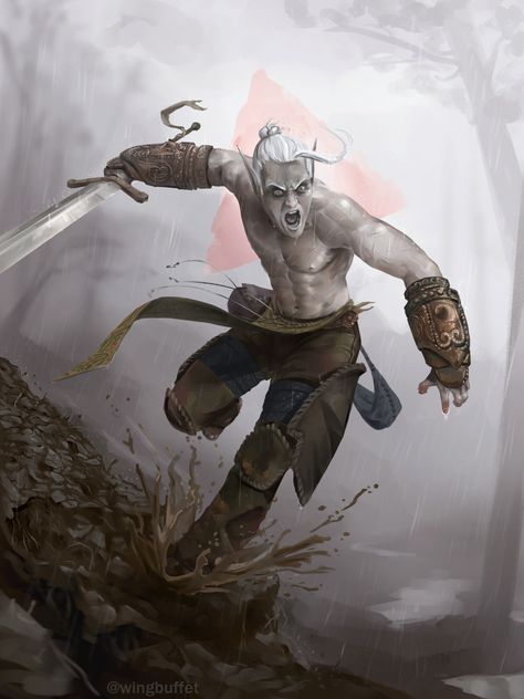 WingBuffet — Caius, Shadar-Kai Barbarian Shadar Kai Barbarian, Dnd Shadar Kai, Shadar Kai Character Design, Drow Barbarian, Elf Reference, Elf Barbarian, Dnd Drow, Dnd Barbarian, 5e Races