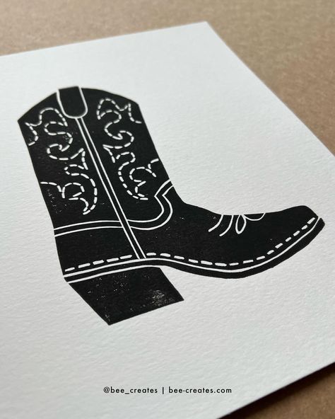 Coming soon 🤩 Limited run of these boot prints coming to my shop next Monday! Save the date and subscribe to my newsletter if you want a discount 🤠 #blockprint #blockprinting #linocut #wildwest #westernvibes #wallart #homedecor #westerndecor #cowboyboots #printshop #shopsmall Cowboy Boots Illustration, Stationery Inspiration, Limited Run, Block Printing, Illustration Inspiration, Western Decor, Lino Print, Editorial Illustration, Food Illustrations