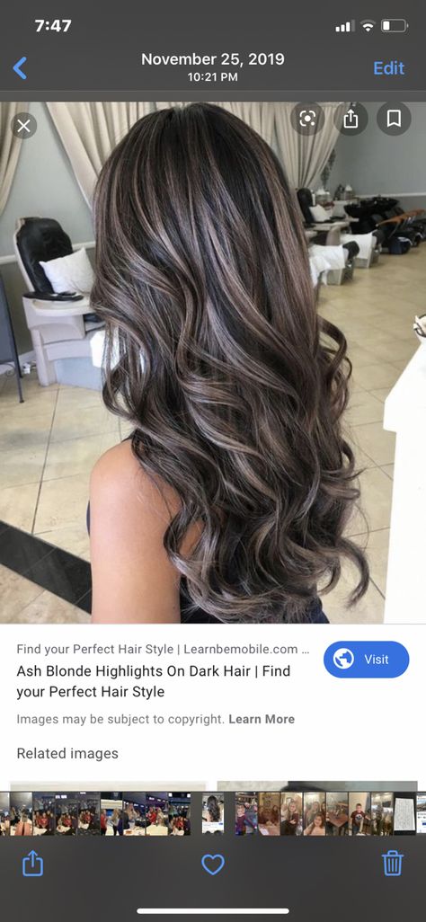 Ash Blonde Highlights On Dark Hair, Rambut Brunette, Blonde Highlights On Dark Hair, Black Hair Balayage, Ash Hair Color, Brunette Hair With Highlights, Hair With Highlights, Dark Hair With Highlights, Brown Hair With Blonde Highlights