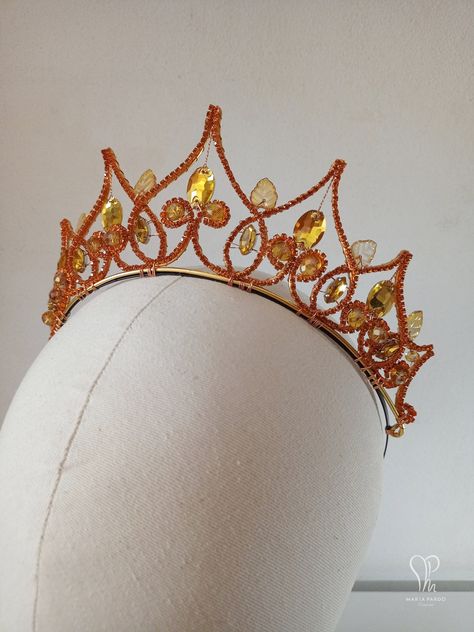 This piece is one of a kind and ready to ship! This pretty tiara is made of gold aluminium wire mounted on a hair band base. It features orange crystal chain, gold/yellow crystal cabochons and rhinestones,  and amber/gold glass leaves. These components give this headpiece very lovely sparkles. This headpiece is very lightweight and adapts well to any head size. ** SIZE INFORMATION ** - Height at the tallest point - approximately 6.5cm or 2.5'' - Length of diadem (tiara) - about 23cm or 9'' ** CA Blue Moon Rituals, Fantasy Tiara, Fairytale Costumes, Orange Crown, Rainbow Crown, Pumpkin Fairy, Yellow Crystals, Sparkly Accessories, Orange Gem