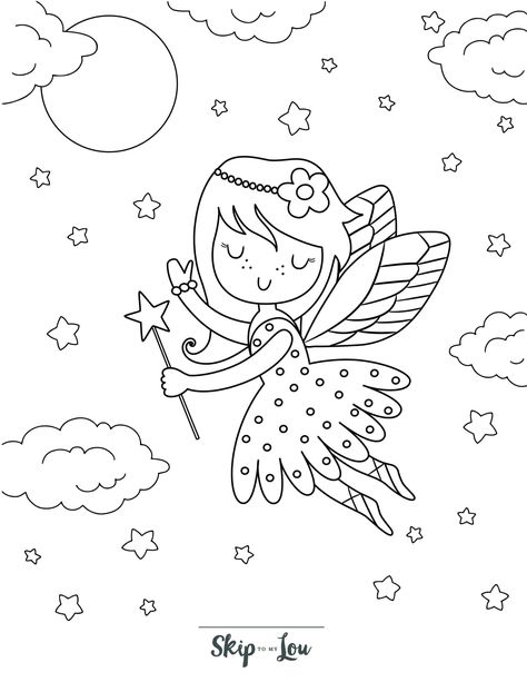 Skip to my Lou - Fairy Coloring Pages - Flying fairy in the clouds with stars Name Coloring Pages, Fairy Cartoon, Fairy Coloring Book, Snowman Coloring Pages, Star Coloring Pages, Skip To My Lou, Shark Coloring Pages, House Colouring Pages, Cartoon Coloring