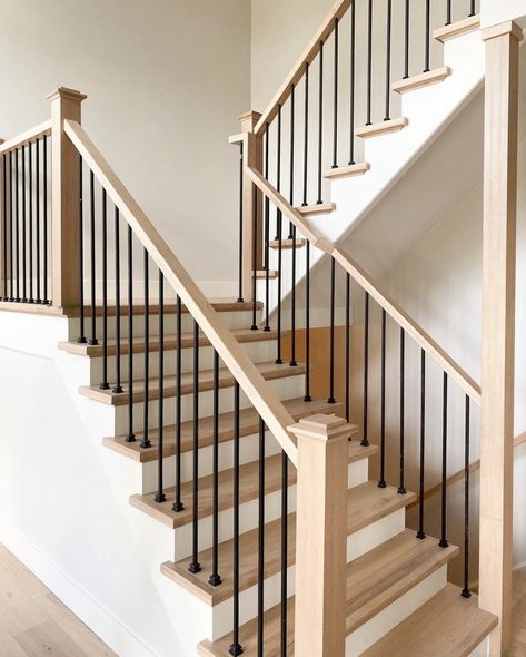 Wooden Stairs With Metal Railing, Iron And Wood Railing, White Oak And Iron Stair Railing, Square Railings For Stairs, Modern Craftsman Staircase, White Oak Stairs Black Railing, Transitional Railings For Stairs, Updated Bannister Ideas, Modern Indoor Railing Ideas