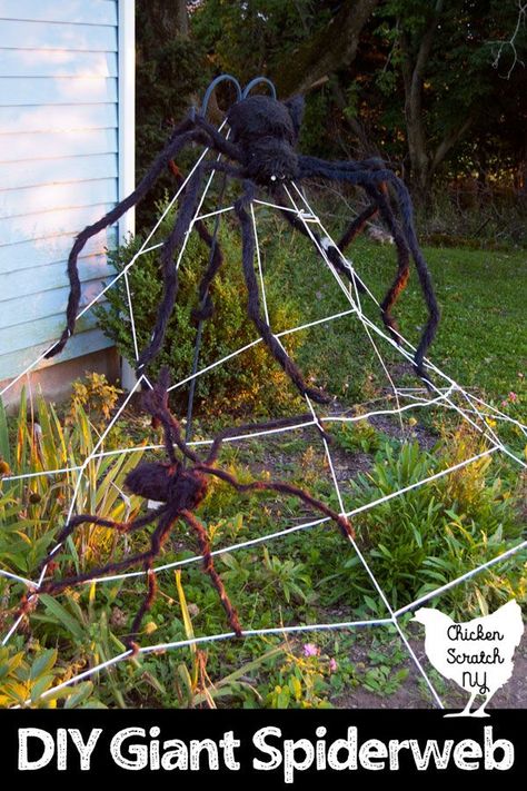 Get the garden ready for Halloween by turning basic white clothesline into an impressive giant clothesline spider web! It's an easy and cheap way to get in the Halloween spirit in minutes! #halloween #diyhalloween #halloweendecorationideas #outdoorhalloween Spider Web Diy, Halloween Candle Holders, Creepy Graveyard, Spooky Halloween Candles, Halloween Diy Outdoor, Spider Web Decoration, Scary Decorations, Halloween Decorations Diy Outdoor, Giant Spider