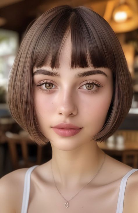 Sleek French Bob with Micro Bangs Micro Bob With Bangs, Bob With Micro Bangs, Blonde French Bob, Haircut Ideas Brown Hair, Brunette Bob Haircut, Micro Bob, Micro Bangs, Butterfly Hairstyle, Twist Box Braids