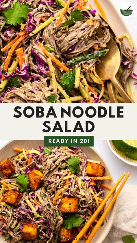 This quick and delicious Cold Soba Noodle Salad is satisfying, rich in veggies, and tossed in a simple peanut sauce. Vegan, Gluten-free, Oil-free option, Nut-free option. Soba Noodle Salad Recipe, Simple Peanut Sauce, Noodle Salad With Peanut Sauce, Cold Soba Noodle Salad, Vegan Peanut Sauce, Salad With Peanut Sauce, Peanut Sauce Noodles, Easy Peanut Sauce, Soba Noodle Salad