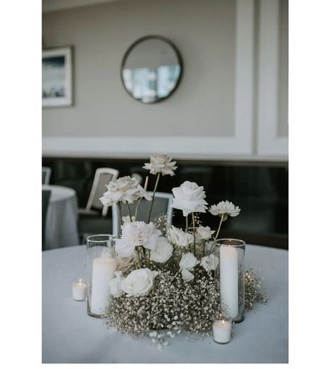 Ivory Wedding Ideas, White Flower Candle Centerpieces, Babies Breath Candle Centerpiece, Gypsophila Centerpiece Wedding, Reception Floral Centerpieces, Wedding Table Round Decoration, White Rose And Gypsophila Centre Pieces, Wedding Head Table Flowers Arrangements, Gypsophila Table Decorations