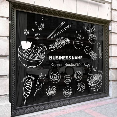 Transform your Korean restaurant with our custom vinyl decal! Perfect for both interior and exterior decor, this decal features detailed illustrations of popular Korean dishes like Ramyeon, Kimbap, and Bibimbap. Personalize your business logo and lettering to create a unique and inviting atmosphere for your customers. Our vinyl decals are easy to apply and durable, ensuring a long-lasting and professional look. Ideal for any Asian restaurant looking to enhance its ambiance and attract more cu... Restaurant Signage Design, Glass Sticker Design, Open Kitchen Restaurant, Restaurant Graphics, Decal Business, Restaurant Signage, Logo Signage, Food Decor, Korean Restaurant