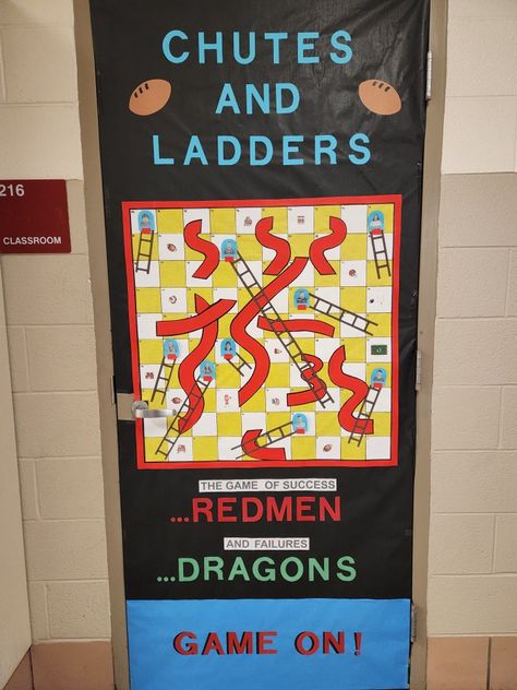 Each year for Spirit Week (Homecoming) we have a theme and door decorating gives points to each grade level. This year's was Board Games and all the popular ones were already taken, so Chutes and Ladders was left. My homeroom kids are the game pieces at the top of each ladder. Nothing popped up on pinterest for inspiration on this game for door decoration. Chutes And Ladders Bulletin Board, Board Game Homecoming Theme, Spirit Week Homecoming, Spirit Week Themes, Chutes And Ladders, Board Game Themes, Raffle Ideas, Homecoming Floats, Homecoming Themes