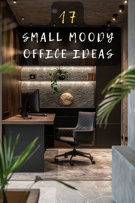 Ready to turn your compact workspace into a stylish sanctuary? 🖋️ Discover 17 small moody office ideas that'll revolutionize your work-from-home experience. Learn how to play with dark colors, ambient lighting, and cozy textures to create a space you'll love. Curious about these game-changing tips? Click now to explore! 🏠💼 #MoodyOffice #SmallSpaceDesign #HomeOffice #WorkFromHome #InteriorInspo Small Modern Home Office Design For Men, Home Office Bourbon Room, Study Room Ideas For Men Interior Design Home Office Small, Men’s Office Gallery Wall, Desk Lighting Ideas Home Office, Office Pictures Ideas Wall Art, Masculine Home Office Ideas Man Cave, Small Dark Office Ideas, Vintage Office Ideas For Men