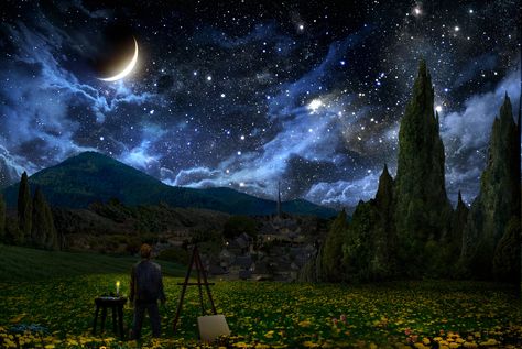 vincent van gogh the starry night crescent moon painters stars landscape #5K #wallpaper #hdwallpaper #desktop Starry Night Digital Art, Night Digital Art, Van Gogh Wallpaper, Starry Night Wallpaper, Wallpaper Night, Gogh The Starry Night, Starry Night Painting, Night Sky Painting, Star Painting