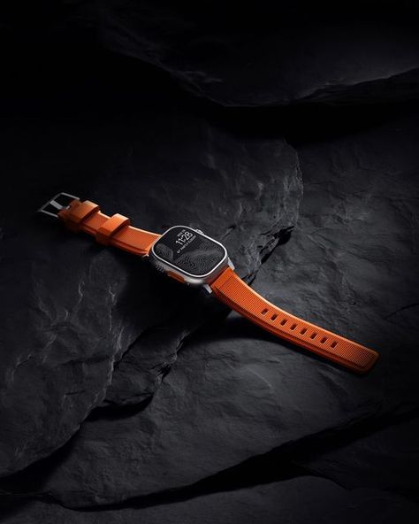 Nomad on Instagram: "Introducing: Ultra Orange Rugged Band Our most durable band ever, now with a splash of color. Rugged Band is constructed from FKM, a soft yet strong fluoroelastomer that can withstand anything you put your Apple Watch through. Pre-order yours today. Link in bio. #nomad #nomadgoods #adventureon #applewatch #applewatchultra" Apple Watch 45mm, Outdoor Watch, Apple Watch Bands Sports, Band Photography, Rubber Band Bracelet, Unique Products Design, Sports Bracelet, Apple Watch Ultra, Watch Ultra