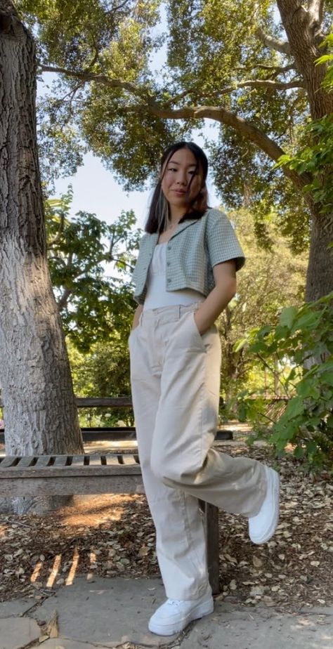 Slacks from the little boys section at the thriftstore restyled Outfit: ✨baggy trousers(get the ones with the elastic waist and buttons) ✨white tank top bodysuit ✨cropped plaid top ✨air force ones #teengirl #thrifted #styleme #casualoutfit #modestoutfit #baggypants #comfyfit Baggy Trousers Outfit, Slacks Outfit, Trousers Outfit, Tank Top Bodysuit, Trouser Outfit, Baggy Trousers, Plaid Top, Baggy Pant, Air Force Ones