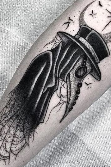 Top 30 Plague Doctor Tattoos #cutetattoos #tattoo #tattooideas Dotwork Style Tattoo, Plague Doctor Tattoo Simple, Plaque Doctor Tattoo, Black Plague Doctor Tattoo, Witch Doctor Tattoo, Plague Doctor Tattoo Design, Steampunk Tattoo Ideas, Industrial Tattoo, Steampunk Tattoos