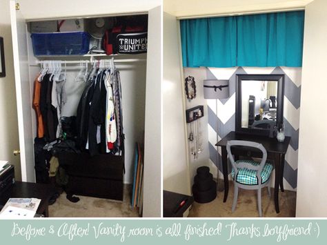 I finished my project! Here is the Before & After of my closet turned vanity room! #DIY #makeup #vanityroom #closet Diy Makeup Station, Makeup Vanity In Closet, Makeup Room Diy, Baby Room Closet, Closet Diy, Closet Vanity, Diy Makeup Vanity, Dorm Diy, Dorm Room Diy