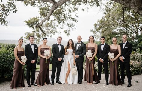 Brown Colored Wedding, Espresso Bridesmaid Dress, Brown And Black Bridesmaid Dresses, Brown Wedding Colors Groomsmen, Brown Bridesmaid Dresses And Groomsmen, Classy Bridal Party Colors, Black Brown White Wedding, Bronze Bridesmaid Dresses With Groomsmen, Brown And Black Wedding Colors