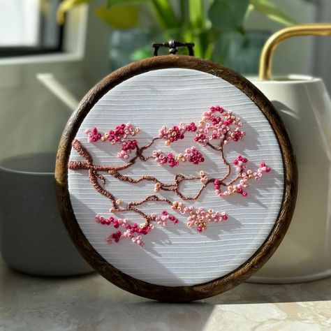 A 5.3 x 5.3 inches cherry blossom tree finished embroidery hoop art Embroidery Designs Cherry Blossom, Embroider Cherry Blossom, Plum Blossom Embroidery, Cherry Blossom Hand Embroidery, Peach Blossom Embroidery, Almond Blossom Embroidery, Japanese Cherry Blossom Embroidery, Sakura Tree Embroidery, Cherry Blossom Embroidery Tutorial