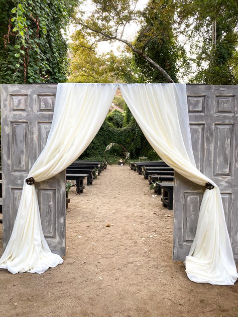 Our Door Wedding, Wedding Outdoor Alter Ideas, Wedding Curtain Entrance Outdoor Ceremony, Freestanding Doors For Wedding, Wedding Doors Entrance Outdoor Ceremony Diy, Diy Wedding Entrance Entryway, French Door Wedding Entrance, Outdoor Wedding Entryway, Outdoor Wedding Entrance Decor