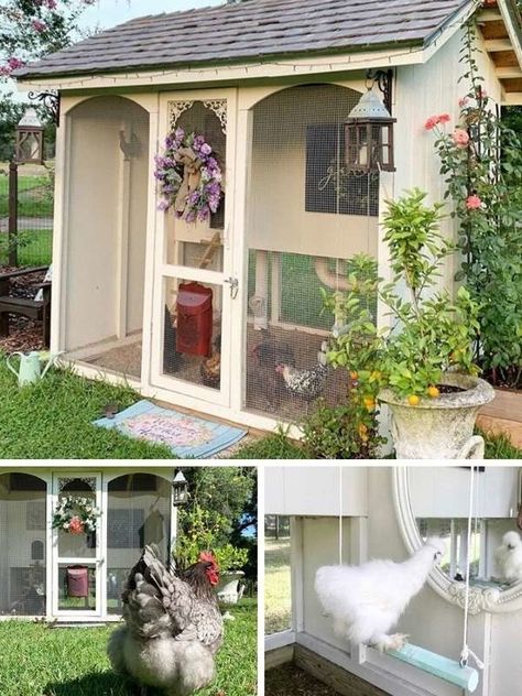 Country garden chicken coop, and more creative backyard chicken coop ideas. | The Most Beautiful Chicken Coops We've Ever Seen French Chicken Coop, Dollhouse Chicken Coop, Greenhouse Chicken Coop Combo, Shabby Chic Chicken Coop, Tiny Chicken Coop, Chicken Coop And Garden Layout, Aesthetic Chicken Coop, Barnyard Chickens, Mini Homestead