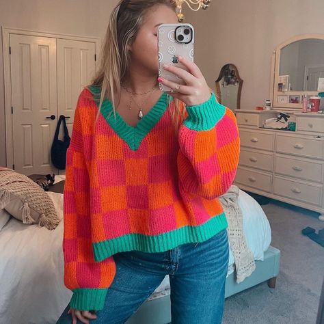 Boutique Spring Sweater! New With Tags! Fun Colorful Outfits For Women, Colourful Sweater Outfit, Bright Colored Clothes, Bright Fall Outfits, Crochet Color Palette, Bright Color Outfits, Statement Sweaters, Sweaters Colorful, Rainbow Closet